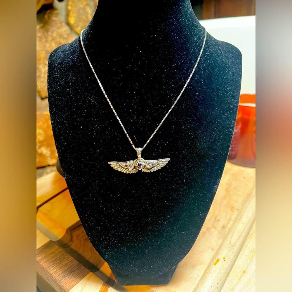 Winged sun disc necklace, sterling silver
